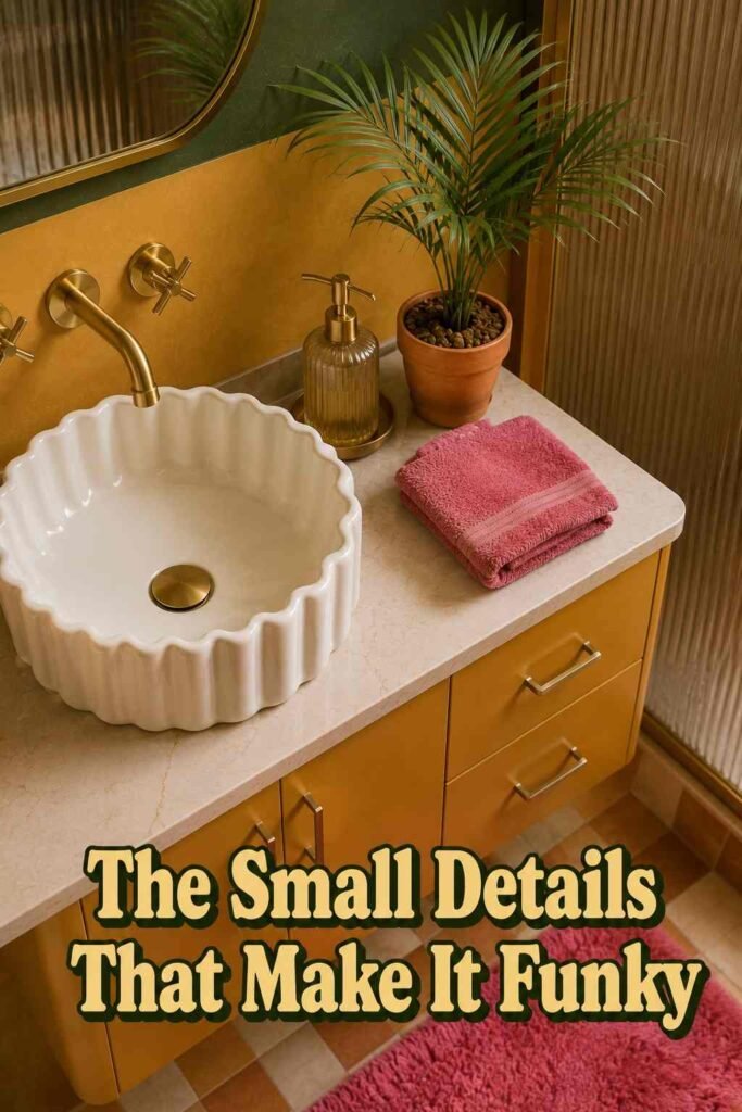 Small Funky Bathroom Ideas to Transform Your Tiny Space in 2026 6 Styled bathroom countertop with a brass soap dispenser, a small potted palm, and a folded hot pink hand towel.