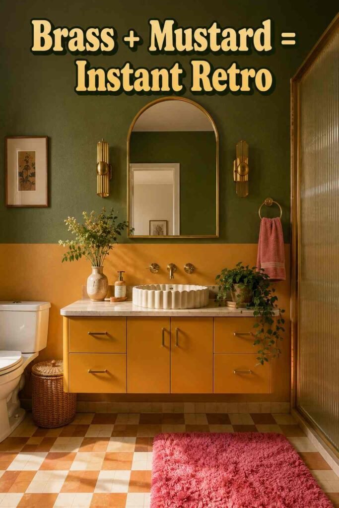 Small Funky Bathroom Ideas to Transform Your Tiny Space in 2026 5 Mustard-yellow floating vanity with brass hardware, scalloped ceramic sink, and an arched brass-framed mirror.