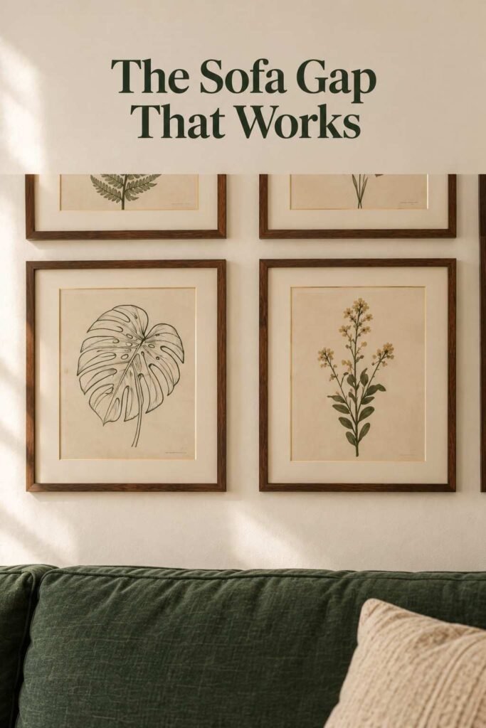 Two framed plant prints with an even gap between them, hung a short distance above a green sofa back.