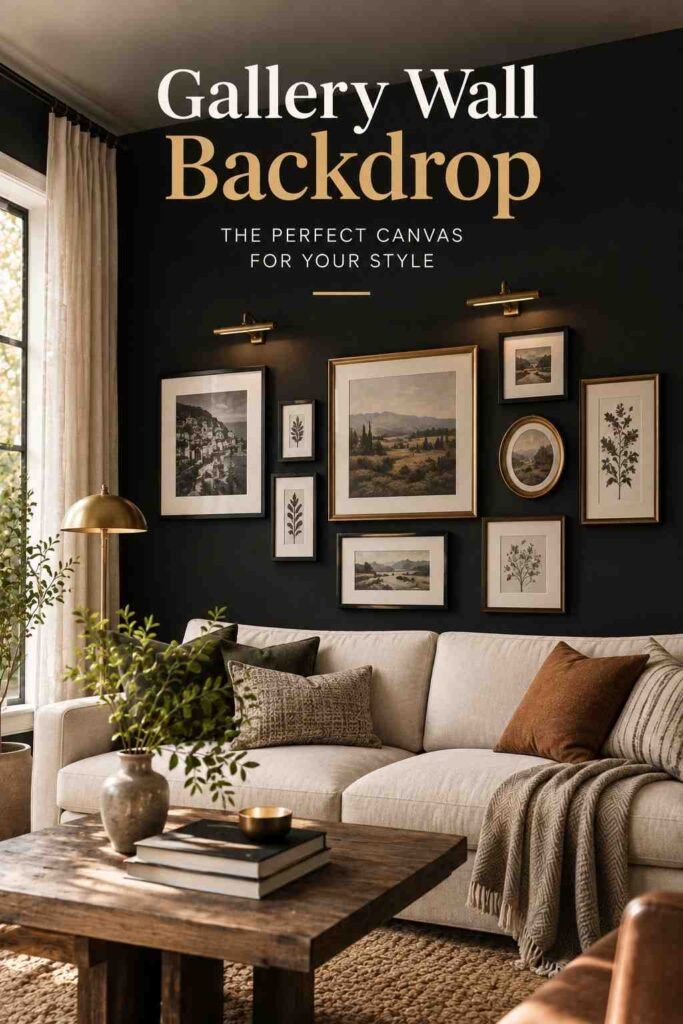 Black Accent Wall Ideas to Add Bold, Timeless Drama to Any Room 3 Gallery wall backdrop in a cozy living room with framed artwork, brass picture lights, cream sofa, and warm wood accents.
