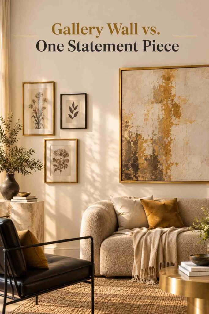 Luxury Wall Art Living Room Ideas to Transform Your Space in 2026 9 Gallery wall cluster of three framed botanical prints in gold and black frames.