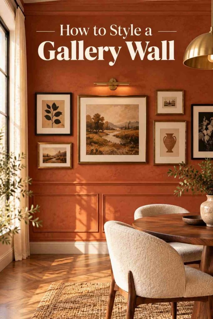 Close-up of black and brass framed gallery art on a textured terracotta dining room wall.