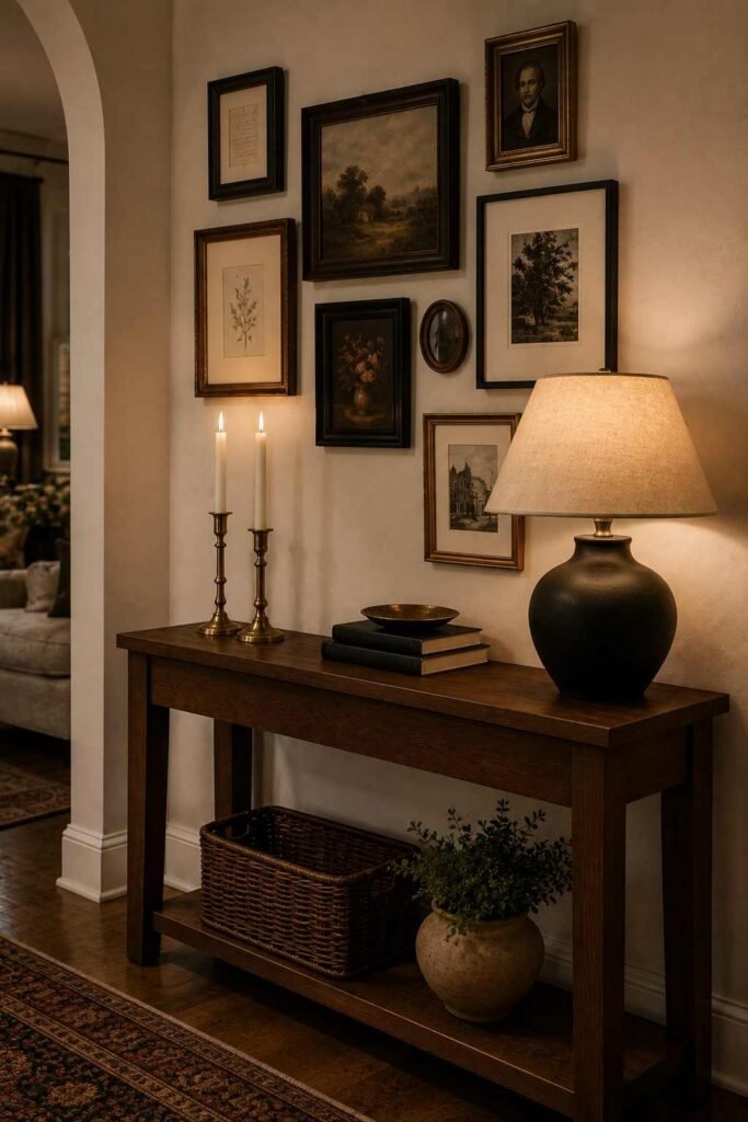 Gallery wall and mixed metal accents for cozy console table styling