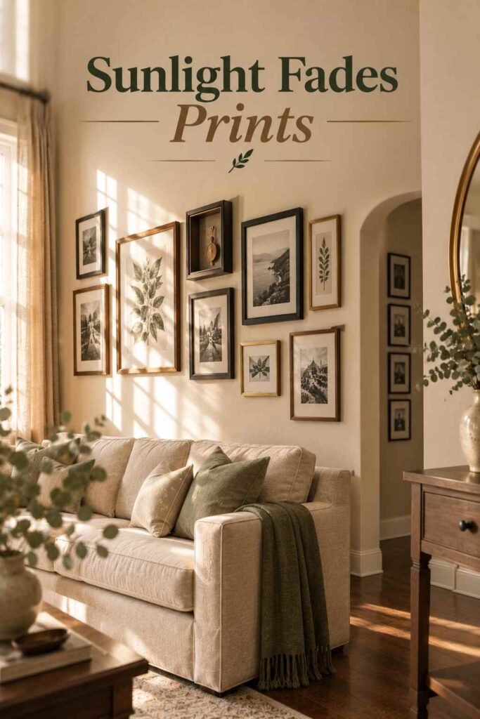 Picture Frame Wall Ideas to Turn Blank Walls Into Personal Stories 14 Late-morning window light falling across the left half of a framed gallery wall, with soft frame shadows on a cream wall.