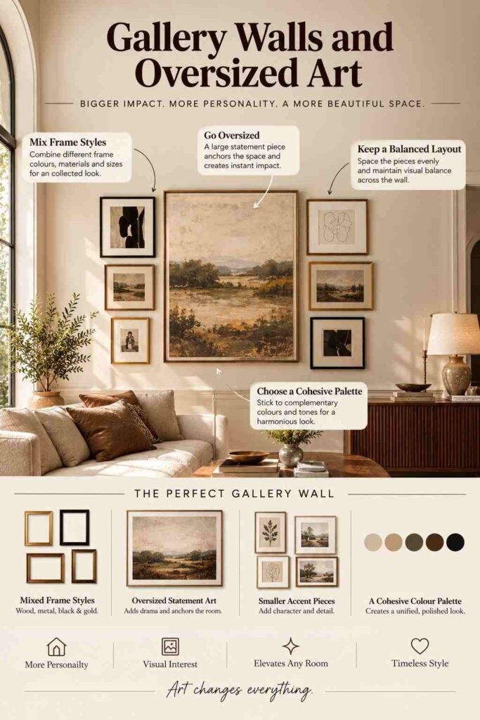 Gallery wall with oversized statement art in a warm neutral living room, featuring mixed frames, balanced artwork, and a cohesive earthy color palette.