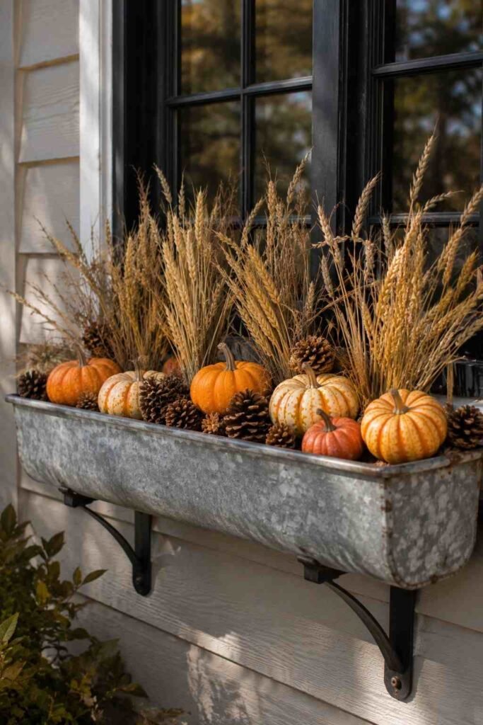 Halloween Window Boxes: Spooky, Elegant & Budget-Friendly Ideas for Every Home 17 Galvanized metal bucket used as a farmhouse-style Halloween window box liner