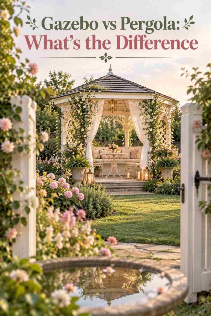 White backyard gazebo viewed through an open garden gate with a soft water reflection in the foreground.