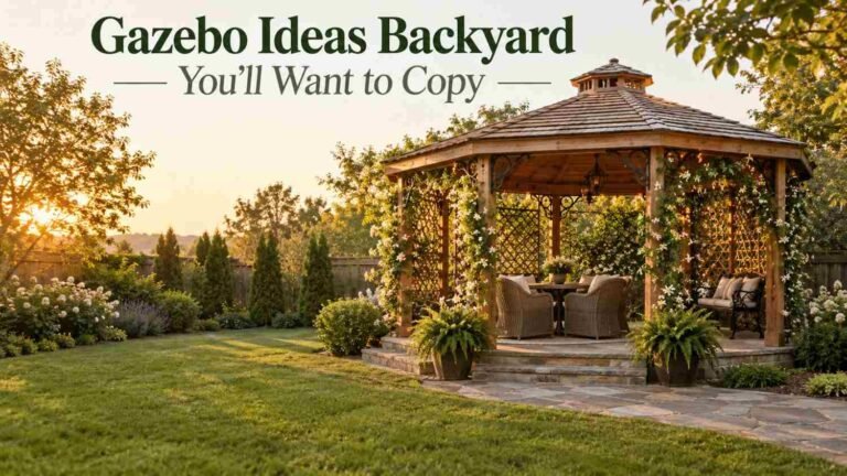 Wood and wrought-iron backyard gazebo with climbing vines on a stone patio surrounded by a green lawn.