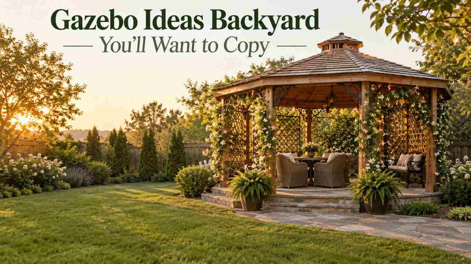 Wood and wrought-iron backyard gazebo with climbing vines on a stone patio surrounded by a green lawn.