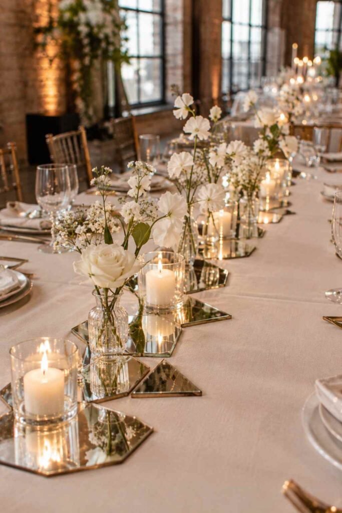 Geometric mirror tile pattern on a modern wedding table in a loft venue.
