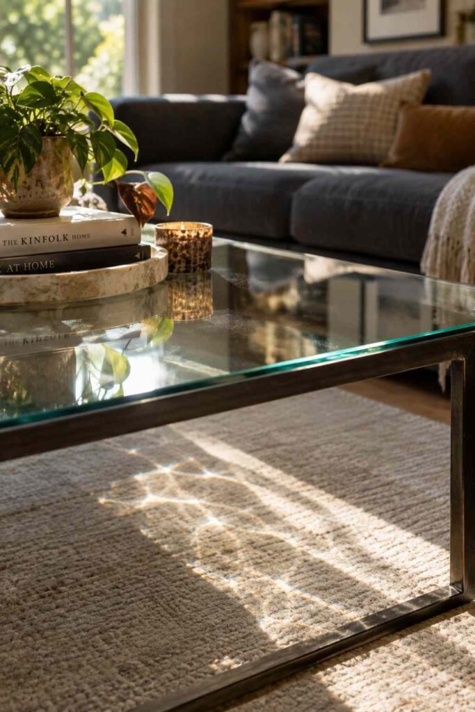 25 Dark Living Room Ideas to Brighten Your Home Without a Renovation 11 Glass coffee table letting light pass through in a dark living room