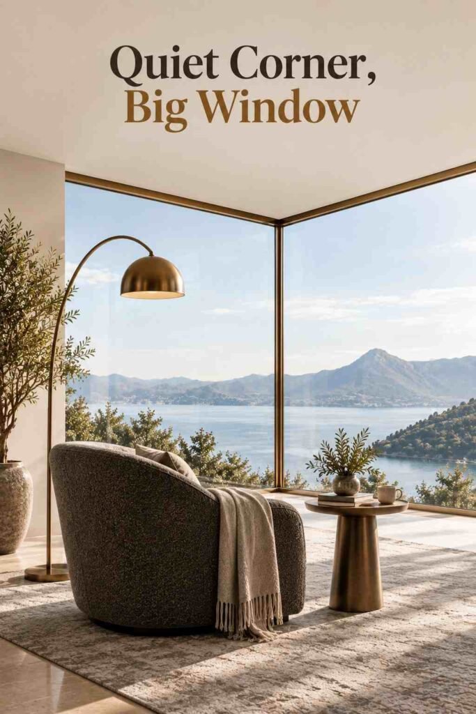 Luxury Corner Glass Wall Ideas to Transform Modern Home Design 6 Accent chair positioned beside a corner glass wall, angled toward the outdoor view.