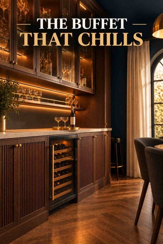 Dining Room Bar Ideas to Make Every Dinner Feel Like a Party 11 Glass-front under-counter wine fridge with black trim and a brass pull set between fluted walnut doors, with a brass tray and two coupe glasses on the counter above.