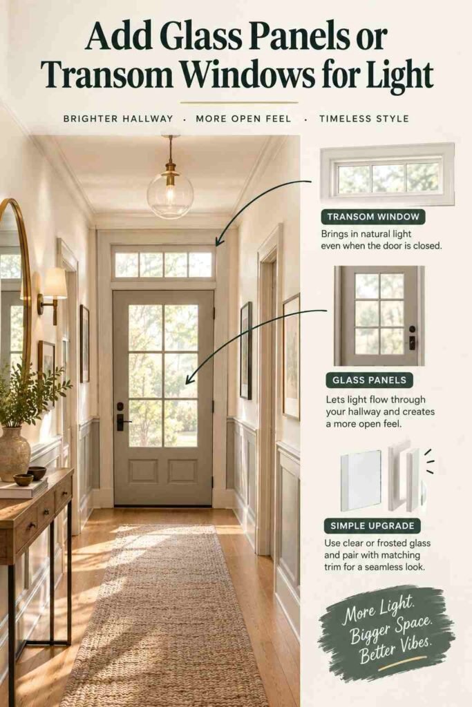Narrow Hallway Ideas That Make a Tight Corridor Feel Wider, Brighter, and Full of Character 9 Narrow hallway with glass-paneled doors and a transom window bringing natural light into a warm, inviting space.