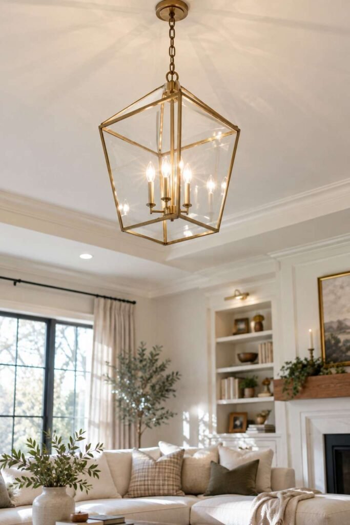 25 Dark Living Room Ideas to Brighten Your Home Without a Renovation 7 Open glass pendant light scattering light across a living room ceiling