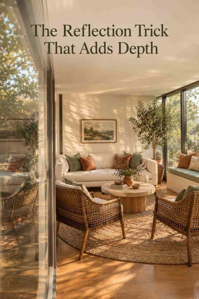 Reflection of sunroom seating and a potted olive tree layered in a glass wall's surface.