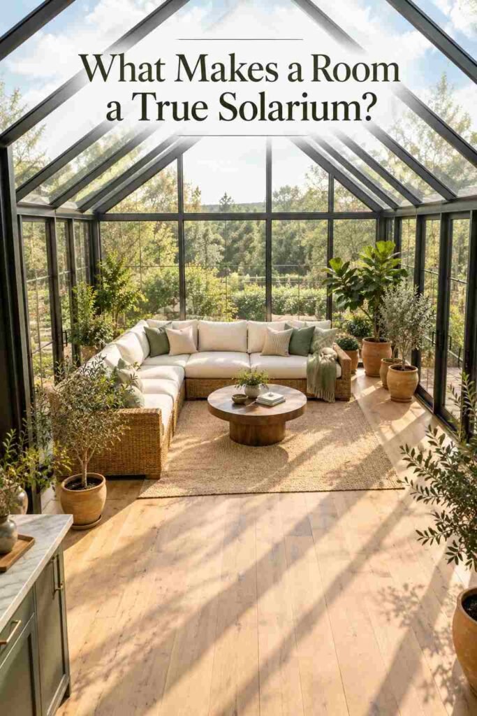 Elevated view of a glass-roofed sunroom showing the full ceiling and wall glazing structure.