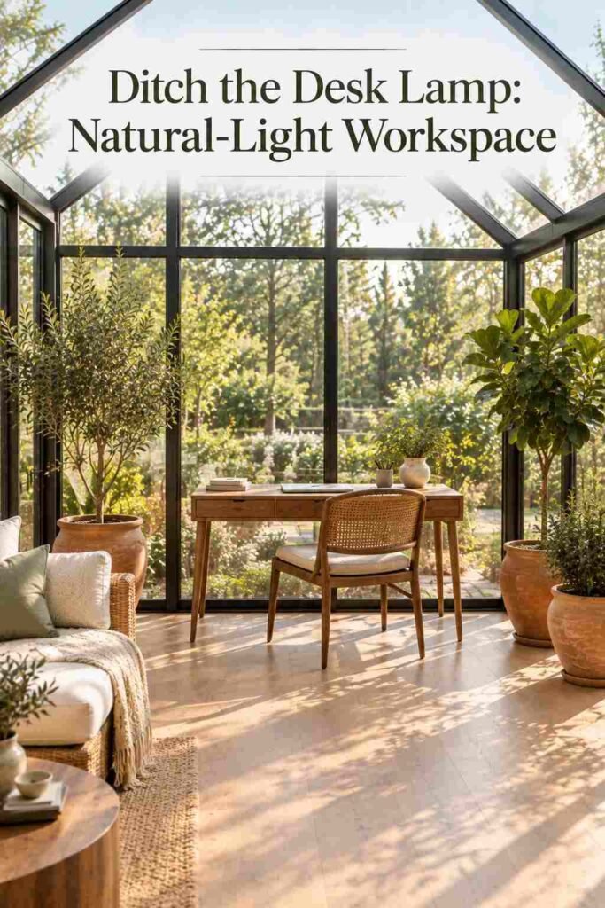 Walnut writing desk and woven chair set against floor-to-ceiling glass walls in a bright plant-filled room.
