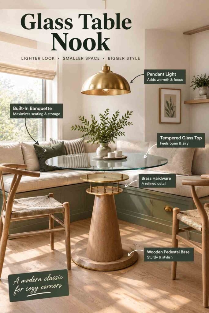 Glass table dining nook with a cream built-in banquette, round tempered glass tabletop, wooden pedestal base, brass accents, and natural light.