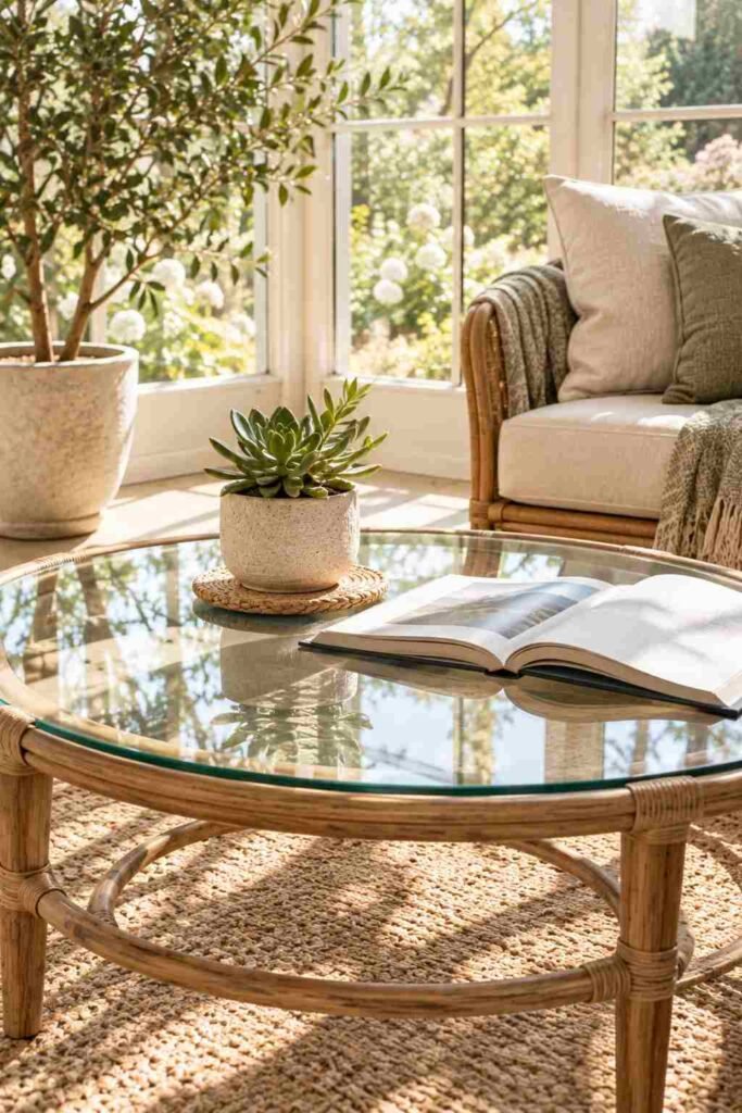 Glass-top coffee table as indoor sunroom furniture centerpiece