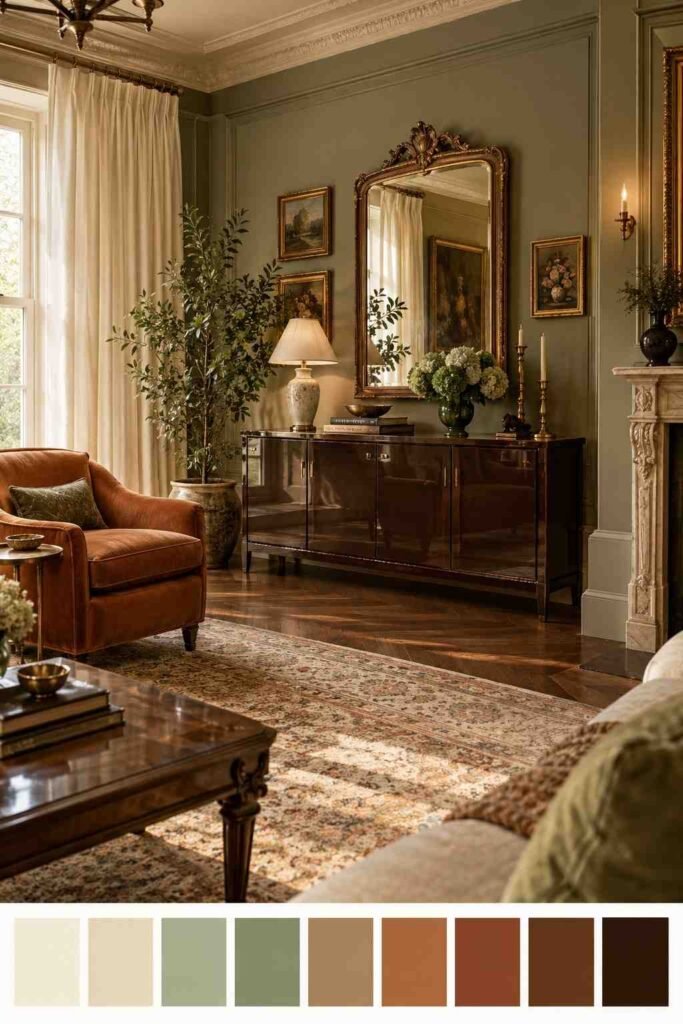 25 Dark Living Room Ideas to Brighten Your Home Without a Renovation 13 Glossy espresso sideboard in a Victorian-inspired living room with a color palette swatch strip