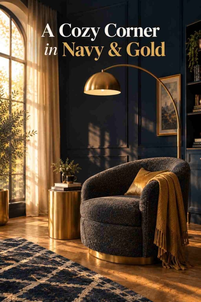 Brushed-gold arc floor lamp beside a charcoal bouclé chair in a navy and gold living room.