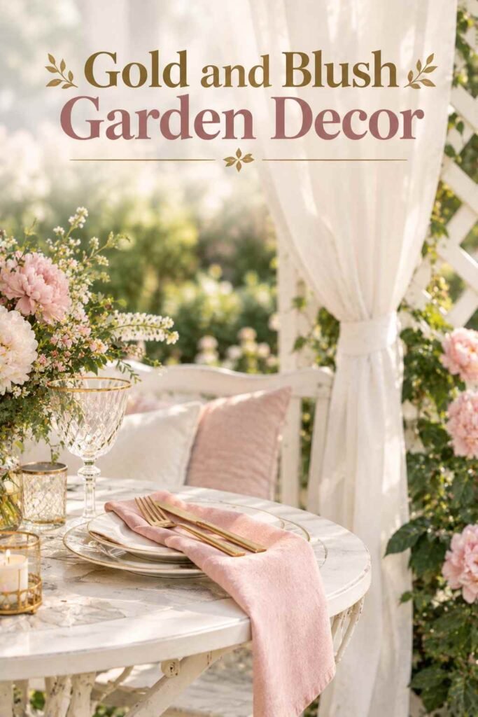 Gold flatware and blush linen napkin styled on a table inside a white gazebo.