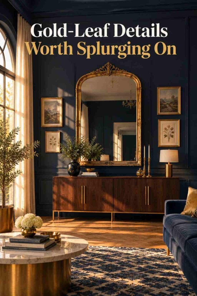 Antique gold-leaf arched mirror mounted on a navy accent wall above a walnut console table.