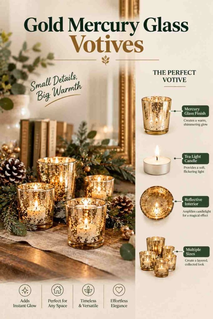 Gold mercury glass votives with glowing candles arranged among evergreen branches and pinecones for elegant Christmas decor.