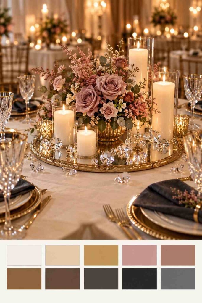 Gold mirror wedding table with crystals and dusty rose flowers; swatch strip shows gold, warm white, rose, and charcoal.