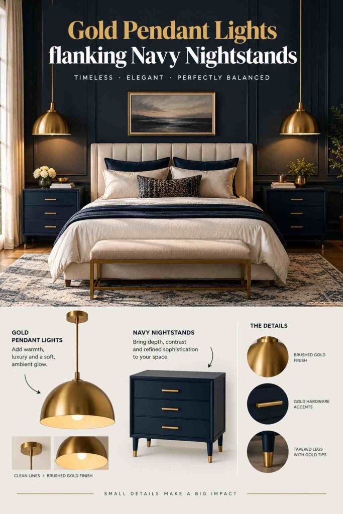Gold pendant lights flanking navy nightstands in an elegant navy and gold bedroom.