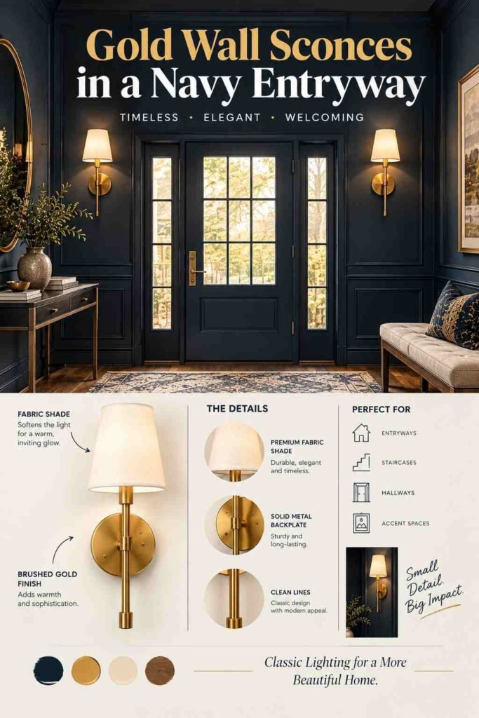 Gold wall sconces illuminating a navy entryway with elegant paneling.