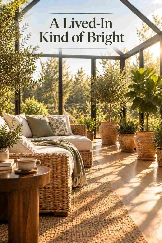 Long window-frame shadows crossing a wood floor beside a teacup on a walnut side table at golden hour.