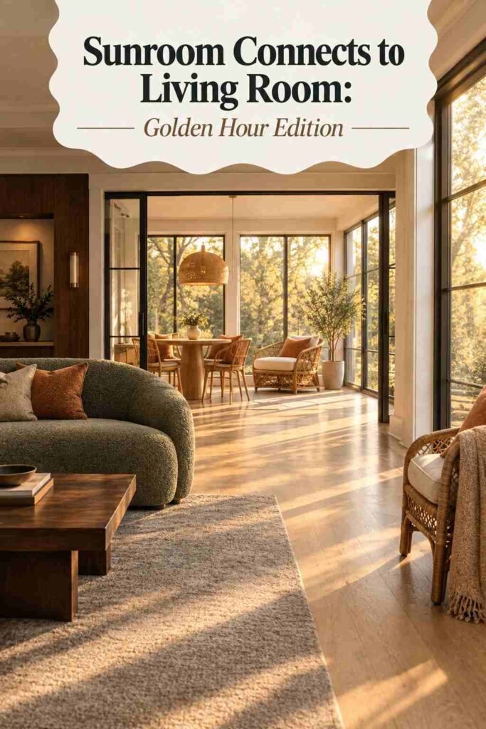 Golden late-afternoon light stretching across wood flooring from a sunroom into an adjoining living room.