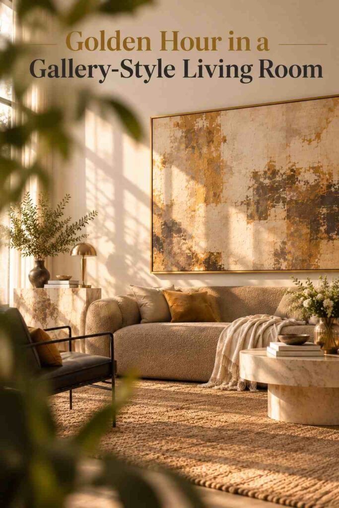 Luxury Wall Art Living Room Ideas to Transform Your Space in 2026 12 Warm, golden-hour view of a living room with an oversized framed canvas, softly framed by foreground foliage.