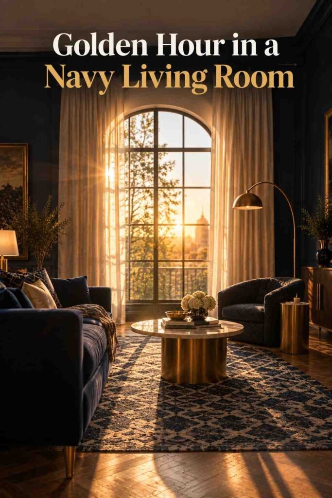 Backlit arched window with ivory curtains and warm afternoon light in a navy living room.