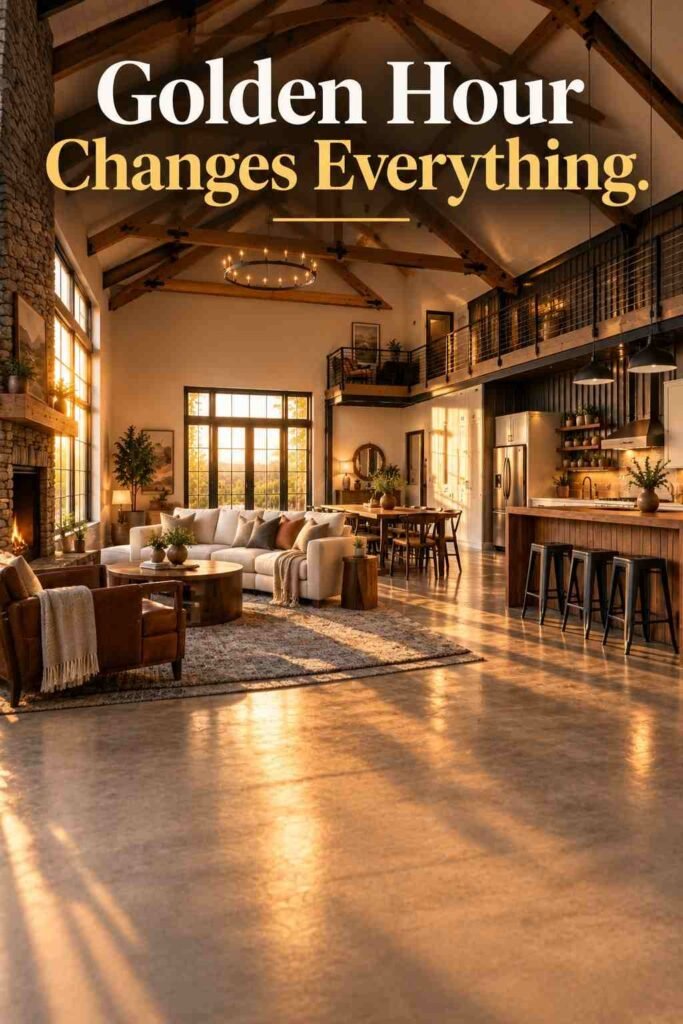 Barndominium Ideas to Inspire Your Exterior, Layout, and Interior 7 Low-angle view of a barn home living room with late-day sunlight crossing a wool rug and polished concrete floor toward the kitchen.
