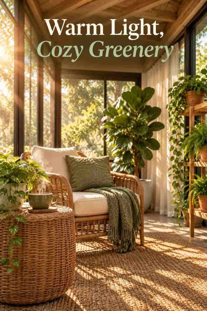 Golden-hour sunlight casting shadows from a fiddle-leaf fig across a jute rug in a sunroom.