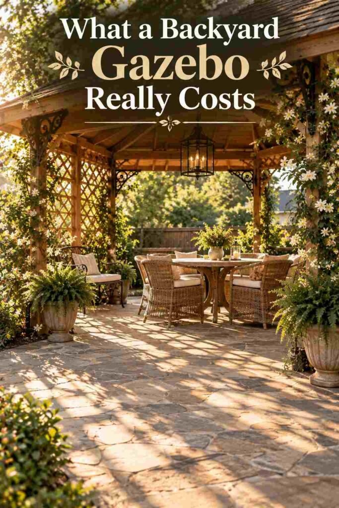 Late-afternoon shadows from a lattice roof falling across a stone patio beneath a wood gazebo.