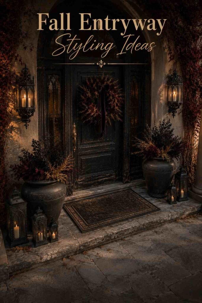 Elevated view of a full gothic-styled front porch with a dark wreath, urns, and stone step.