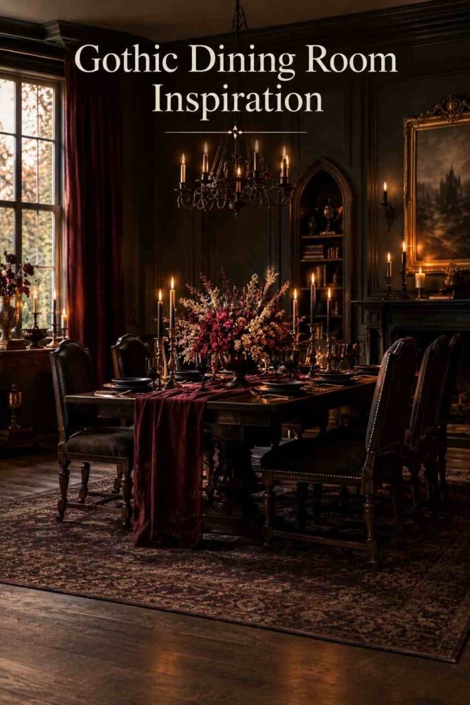 Wide view of a dining room with a candlelit table styled in black, burgundy, and gold tones for Halloween.