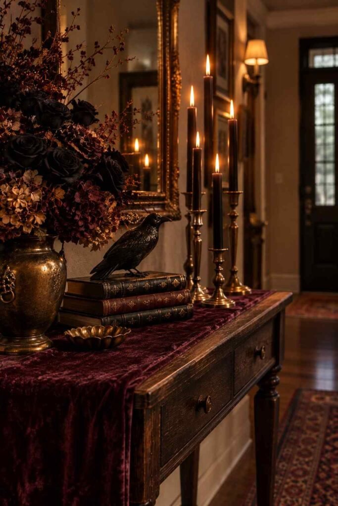 Halloween Decor for Entry Table Ideas to Welcome Guests Spooky, Elegant & Budget-Friendly 6 Gothic Halloween decor for entry table with black roses and velvet runner