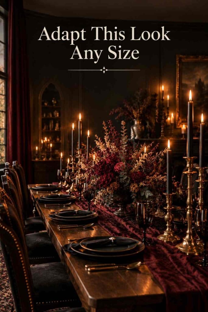 Side angle view down a dining table set with candles, dried florals, and gold-rimmed plates for Halloween.