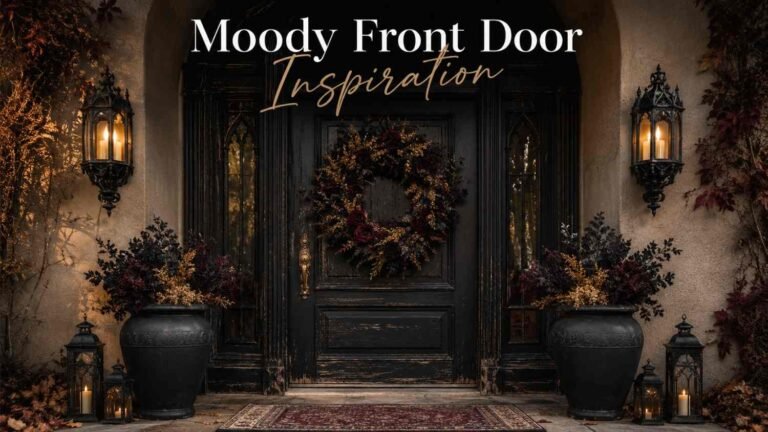 Matte-black and burgundy floral wreath on a weathered black front door flanked by wrought-iron lanterns.