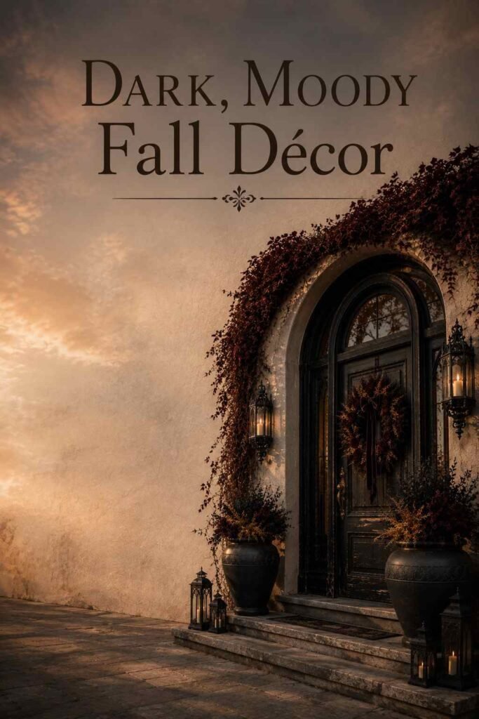 Gothic front door with a dark floral wreath positioned to one side against a stone wall.