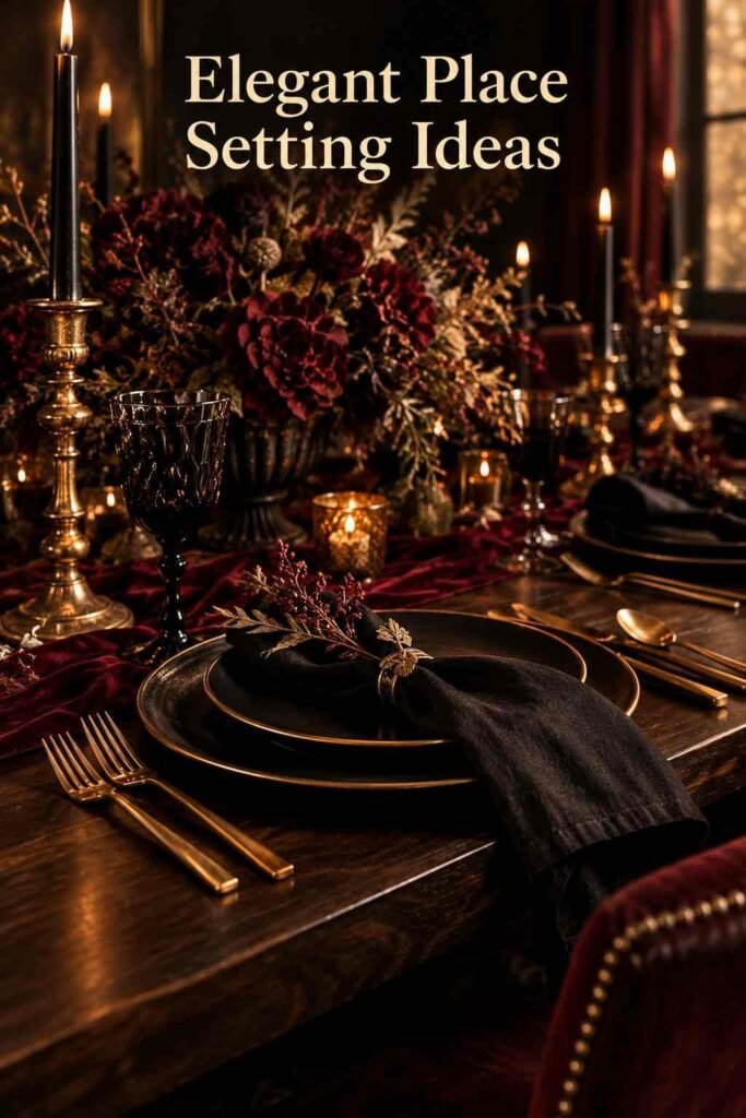 Close-up of a matte black plate with gold flatware and a folded burgundy napkin.