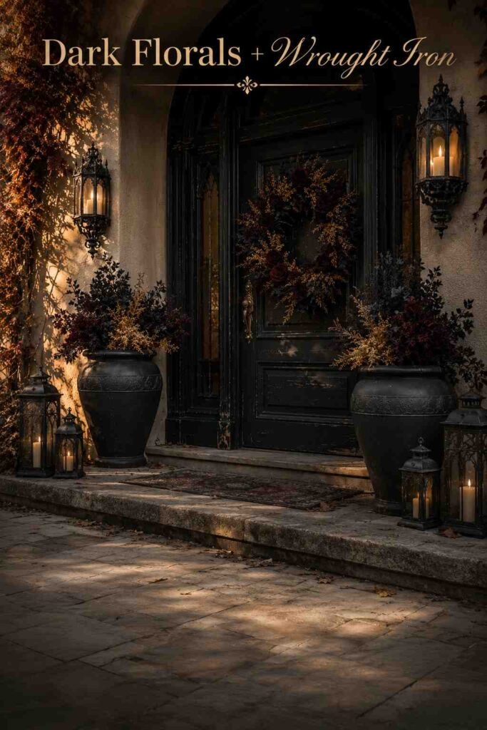 Angled view of a stone entryway showing a dark floral wreath, urns, and iron lanterns along a porch step.