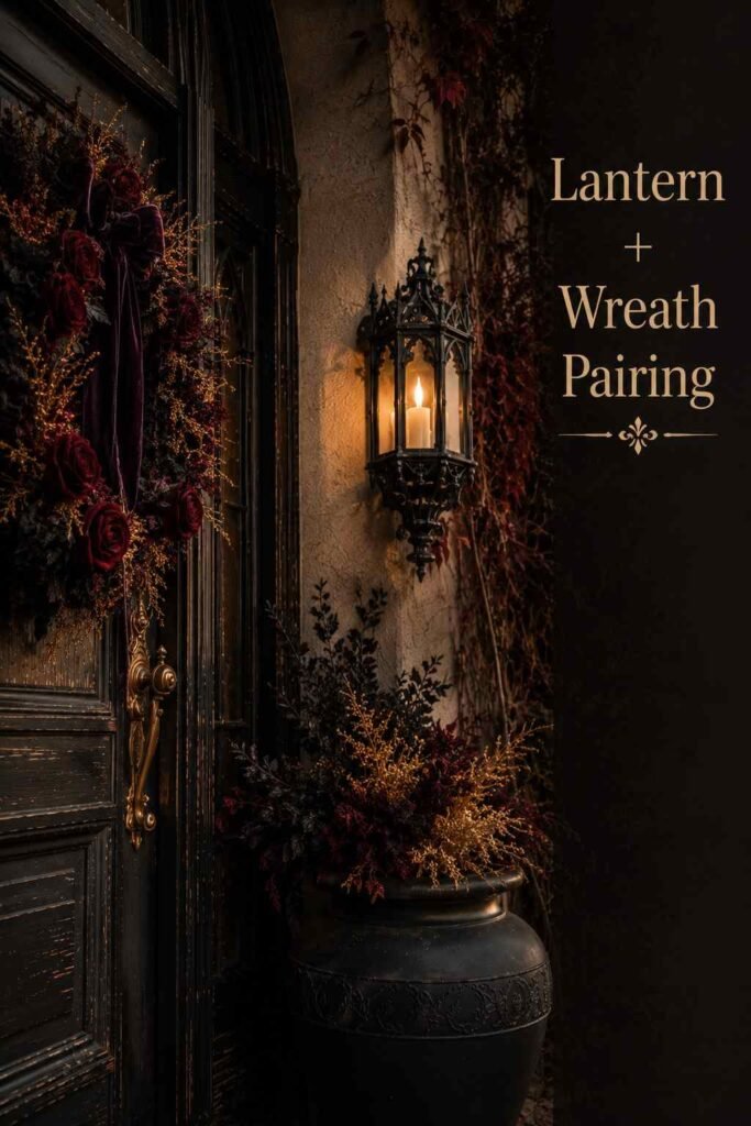 Side view of a wrought-iron lantern sconce beside a dark floral wreath on a weathered door.