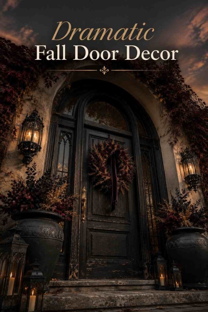 Low-angle view of a tall black front door with a dark floral wreath and iron lantern sconce.