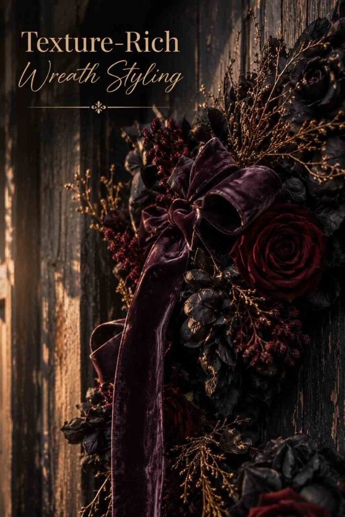 Close-up of dark floral wreath detailing with aubergine velvet ribbon and antique gold accent sprigs.